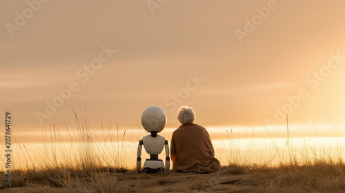 The backs of an elderly person and a robot sitting side by side in a sunset-lit field, gazing at the setting sun. Aging society, care robots, silver care, AI future concept.