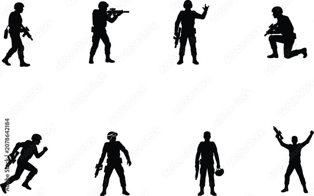 Obraz premium Military Soldier Silhouette Vector Collection Featuring Tactical Combat Poses Armed Personnel and Defense Action Icons Set