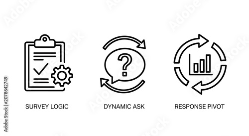Survey logic and data analysis process icons with feedback response analysis question clipboard settings automation research business evaluation improvement strategic planning management