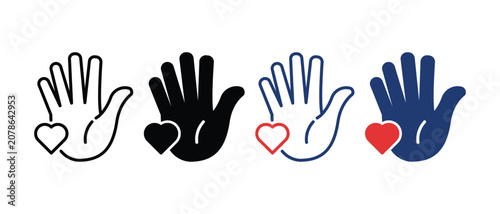 Palm of Hand and Heart Icon. Symbol of Volunteering Pictogram. Charity and Donation Concept. Shape of Heart and Hand Icon. Editable Stroke. Isolated Vector Illustration