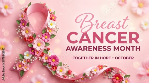 Breast cancer awareness month pink ribbon floral design