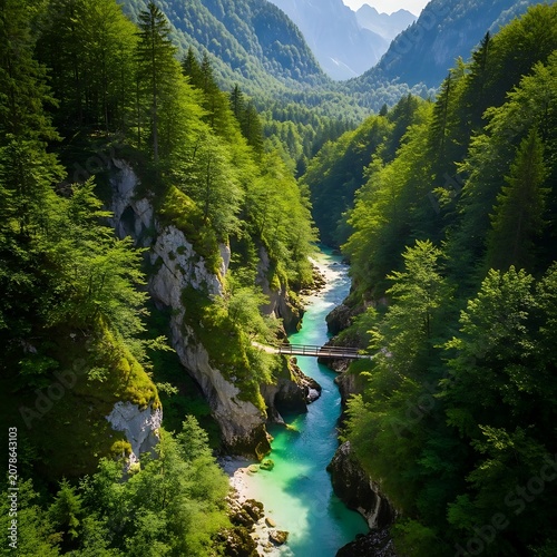 Aerial view of a serene turquoise river flowing through a lush green valley surrounded by dense forests and rugged mountains