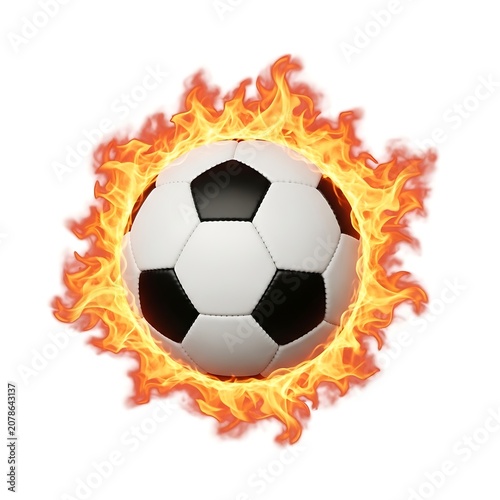 A classic black and white soccer ball surrounded by a vibrant, circular ring of orange and yellow flames against a white background