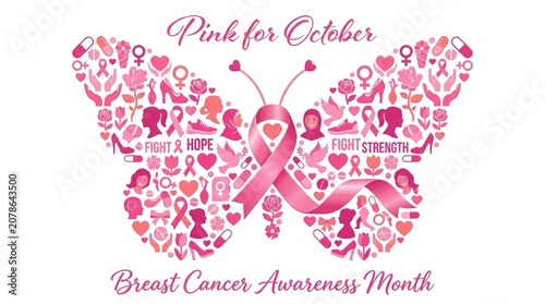 Breast cancer awareness butterfly pink ribbon female symbol hopeful illustration