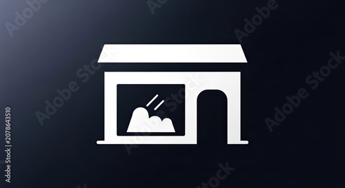 Minimal white storefront icon on dark blue background.