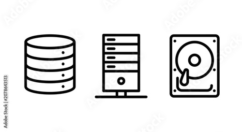 Database server and data storage technology icon set with database technology hardware computer infrastructure information computing management archiving connectivity equipment maintenance