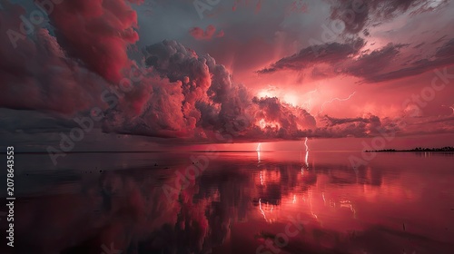 Mirror reflection of red storm clouds in lake
