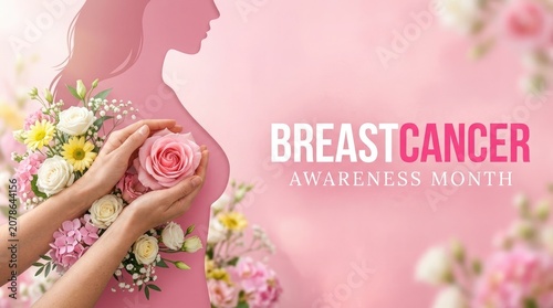 Breast cancer awareness month floral arrangement with silhouette of woman