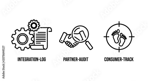 Workflow integration and consumer tracking icon set featuring audit magnifying glass and process documentation integration tracking consumer workflow business magnifying analysis document