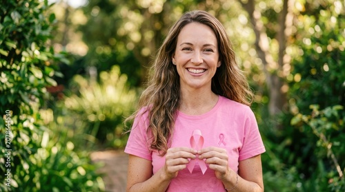 Smiling woman holding pink ribbons for breast cancer awareness campaign