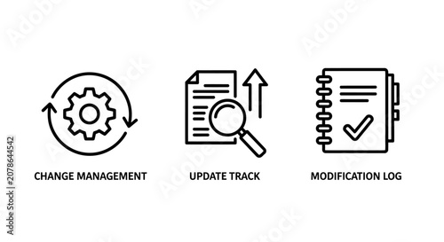 Change management and update tracking icon set representing document modification logs and system processes with management modification document magnifying revision improvement business