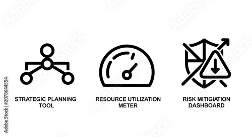 Business process management line icons set for strategic planning resource utilization and risk mitigation with business planning strategy management mitigation resource utilization dashboard