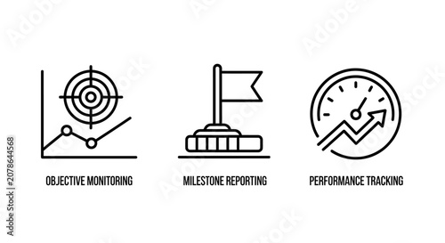 Business performance monitoring and milestone reporting vector icon collection with performance monitoring reporting milestone tracking business analysis progress indicator dashboard
