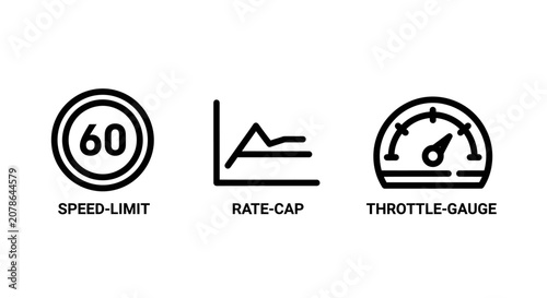Speed limit rate cap and throttle gauge indicator icons set with throttle indicator measurement performance interface management monitoring capacity adjustment regulatory restriction