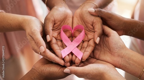 Diverse hands holding a pink breast cancer awareness ribbon in a heart shape