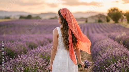 Woman walking through lavender fields at sunset provence france