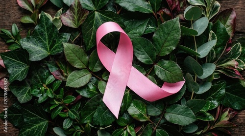 Pink ribbon on lush green foliage for breast cancer awareness
