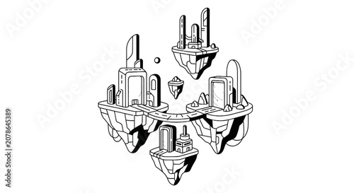 Foto Floating islands with futuristic architecture and stone bridges