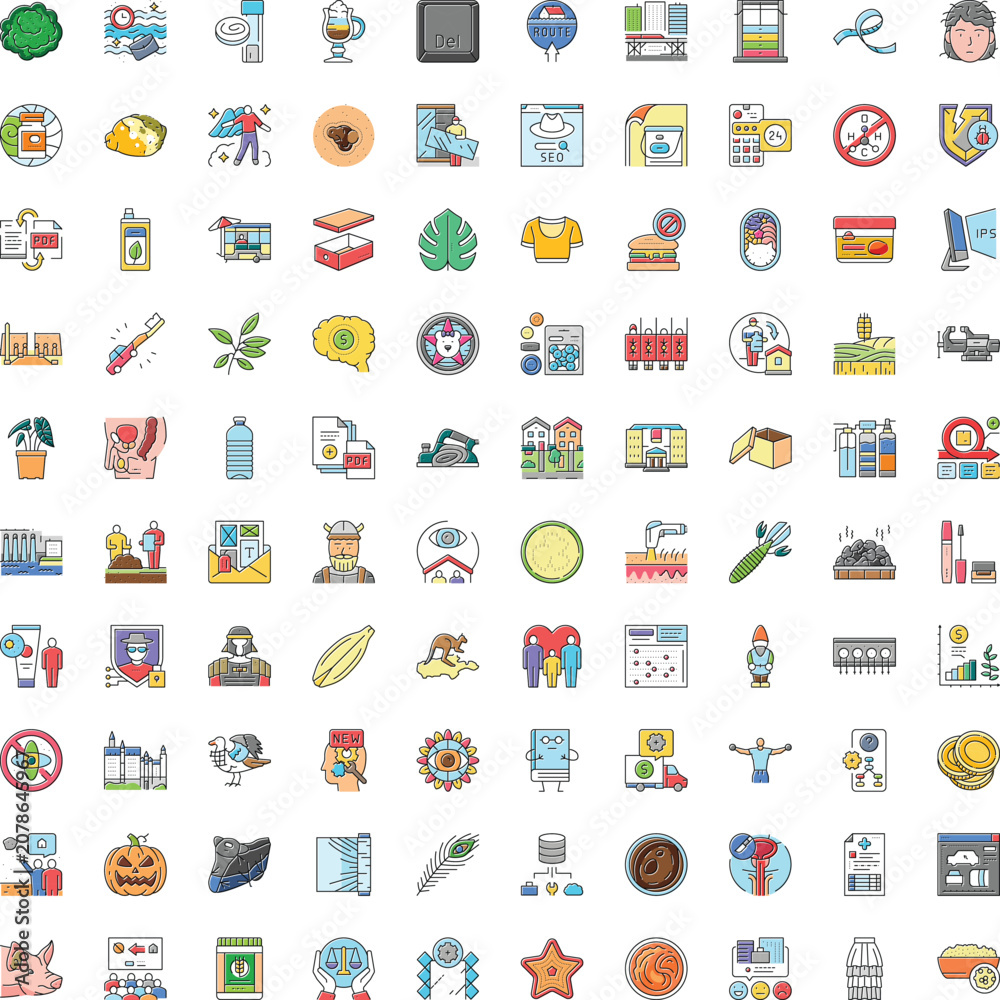 Fototapeta premium Large set of diverse outline icons covering themes like food, health, technology, science, business, nature, education, home, and lifestyle on a white background