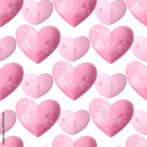Pastel pink hearts with white polka dots on white background