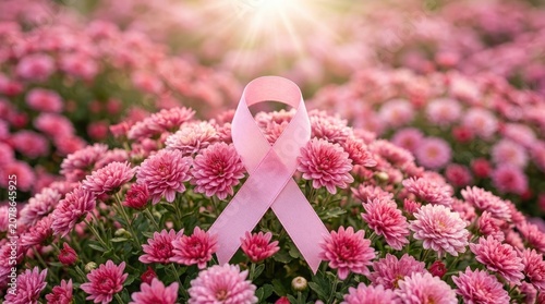 Pink ribbon on chrysanthemums breast cancer awareness symbolism
