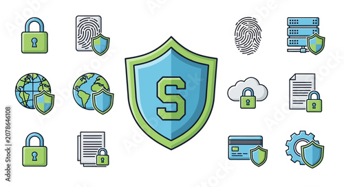 DigitalSecurityShieldWithGlobalTechnologyIconsIllustration.