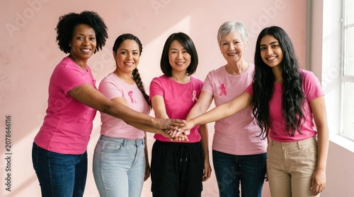 Diverse group of women in pink shirts showing support for breast cancer awareness