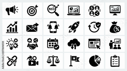 Digital Marketing and Business Strategy Flat Vector Icons Set