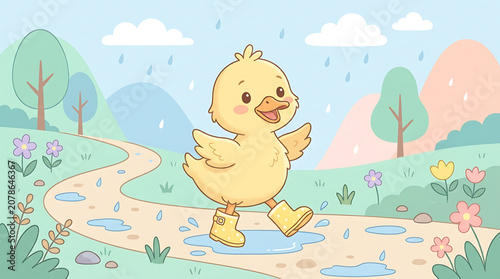 Cute cartoon duckling wearing rain boots plays in puddles on a rainy day outdoors