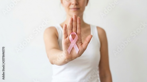 Woman holding pink breast cancer awareness ribbon