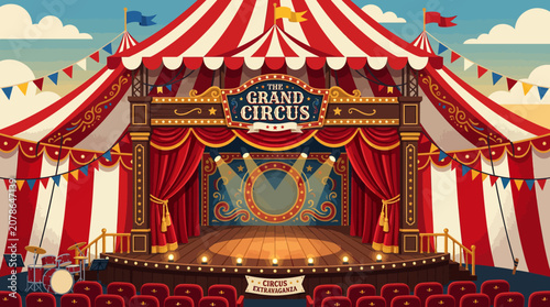 Konstfotografi Grand circus tent interior with stage and empty seats.