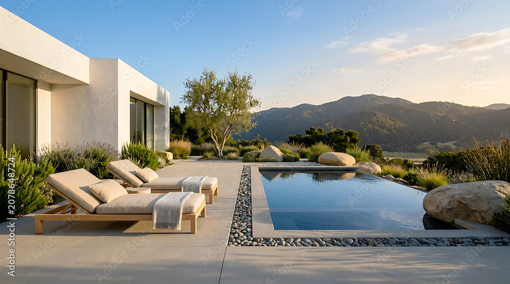 Fototapeta premium Luxury villa terrace with swimming pool and mountain landscape view