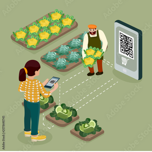Isometric consumer scanning QR code on smartphone to buy fresh vegetables directly from local farmer. Smart farm to table digital marketplace vector illustration.