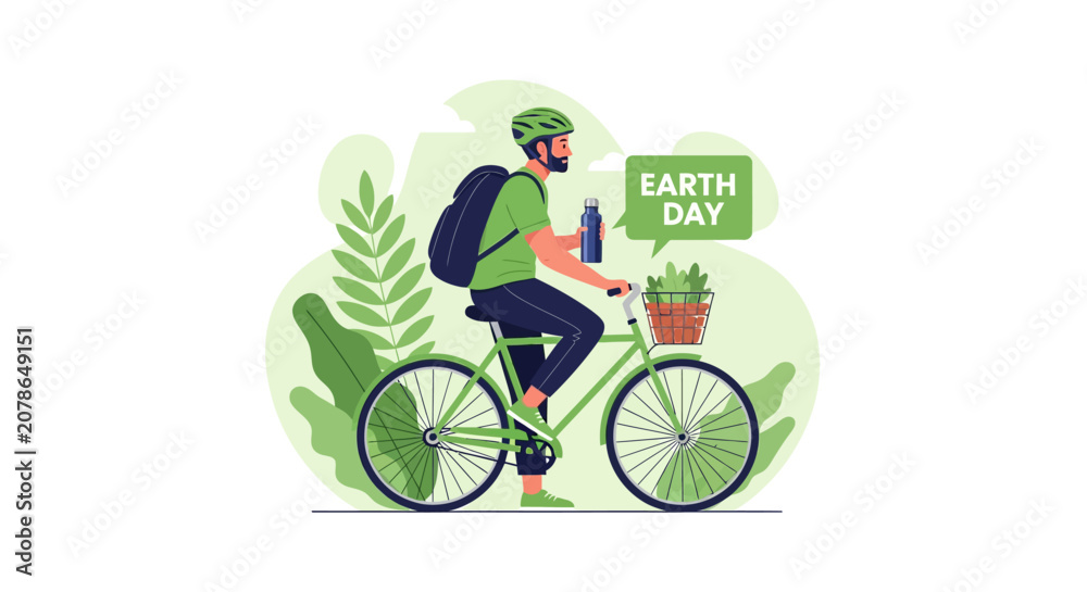 Fototapeta premium Man riding bicycle with plants and Earth Day message.
