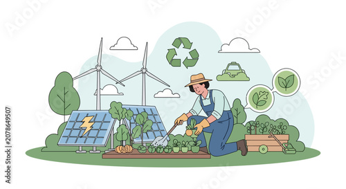 Farmer tending to crops with renewable energy sources in background.