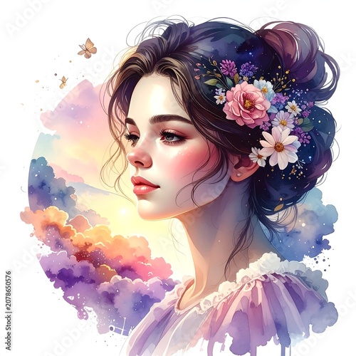Young woman with purple hair and floral headpiece portrait.