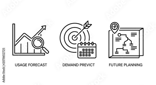Business forecasting and strategic planning icons with forecast planning strategy business prediction analysis management logistics organization development scheduling calendar objective