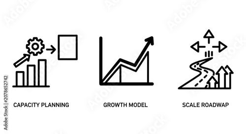 Business scaling strategy and capacity planning icons with planning capacity strategy business development expansion management resources performance logistics optimization increase