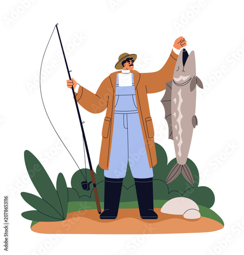 Happy fisherman holding fish and fishing rod. Smiling proud angler with big c...