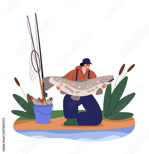 Happy fisher woman holding big large fish catch. Smiling proud female angler,...