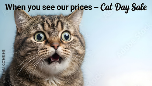 Shocked expression pet cat commercial marketing advertisement for international cat day special offer