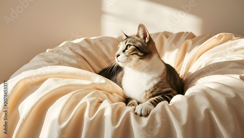 Elegant domestic tabby cat lying comfortably on a luxurious beige silk blanket with copy space