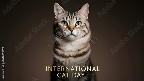 International Cat Day official announcement banner with beautiful striped tabby cat studio portrait