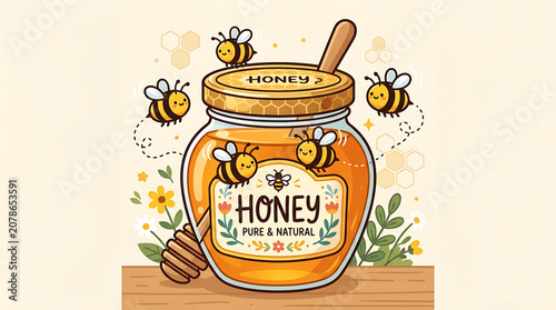 Honey bees fly around a pure natural honey jar with flowers