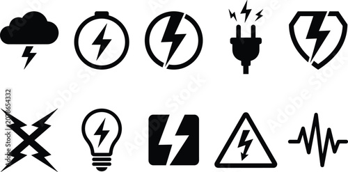 Foto electricity and energy power set icon featuring lightning bolts thunder cloud ba