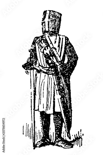 Cuadro en lienzo Knight of the era of King Louis IX (Saint Louis), in full armor with sword and shield, old vintage illustration, 1897