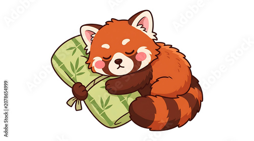 Cute red panda hugs green bamboo pillow