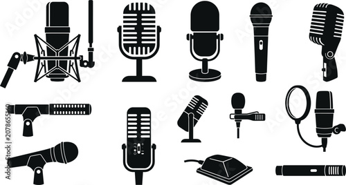 Microphone Silhouette Icon Set with Retro Vintage Studio Condenser and Interview Mic Symbols for Podcasting Broadcasting Sound Recording and Audio Equipment Designs