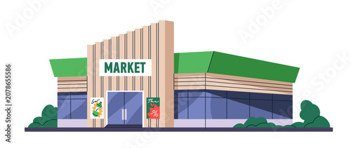 Market store building exterior with glass windows, entrance door. Local super...