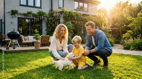 Joyful family of three playing with a cute golden retriever puppy in their sunny backyard garden.